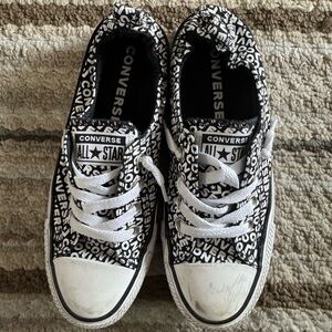 Converse Icons brand logo Black and White Text Print slip m-on Sneakers - EUC